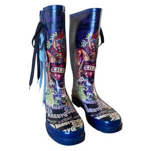 Ed Hardy Ladies Rubber Rain Boots Size 8 Tattoo Inspired “Loves Kills Slowly”
